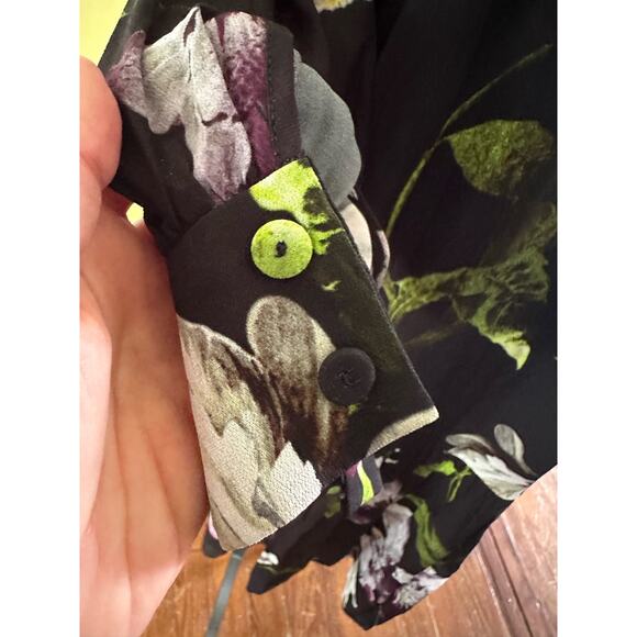 Erdem Floral Crêpe Mini Dress Long Sleeve Black Purple Iris sz US 10 - Picture 5 of 16